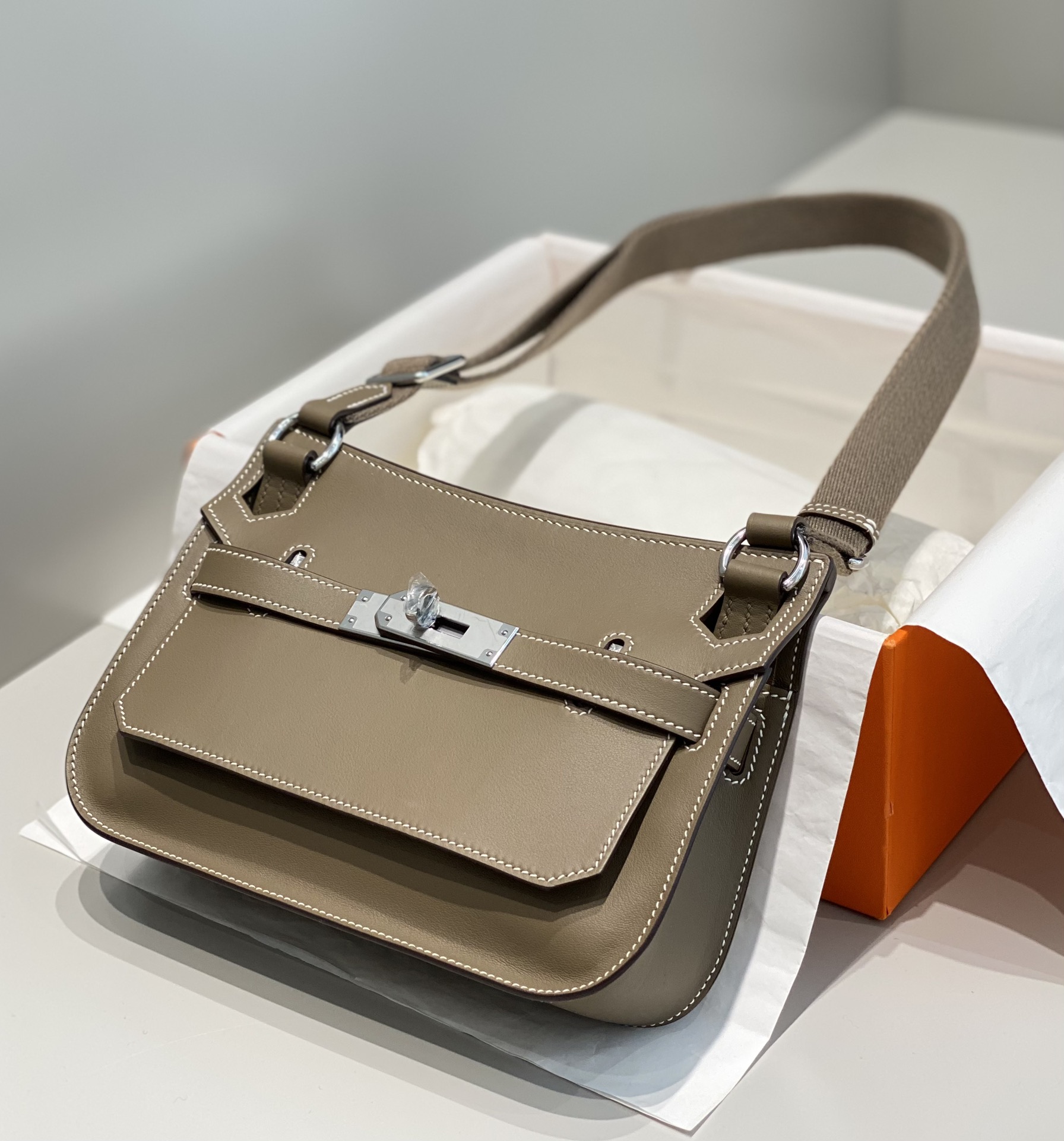 Hermes Jypsiere Mini Shoulder Bag In Etoupe Swift Leather